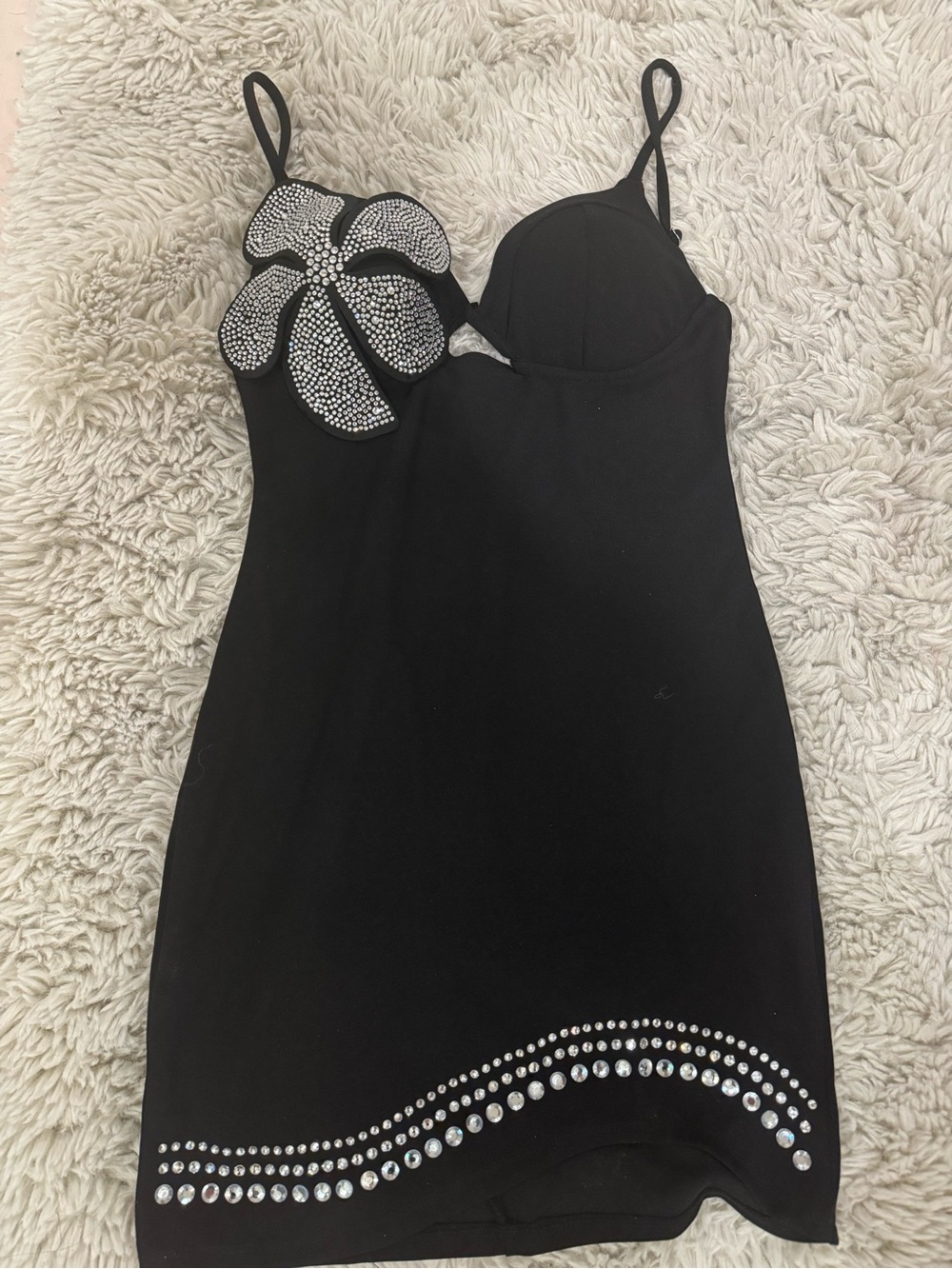 SHEIN Black Mini Dress with Rhinestone Flower and Hem Accents